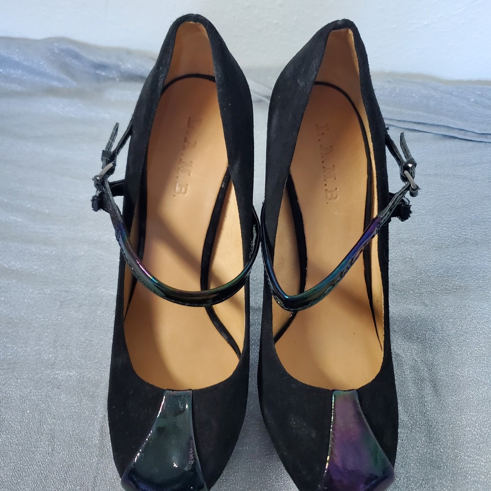 L.A.M.B. Black Suede Mary Jane Heels with Iridescent Accents